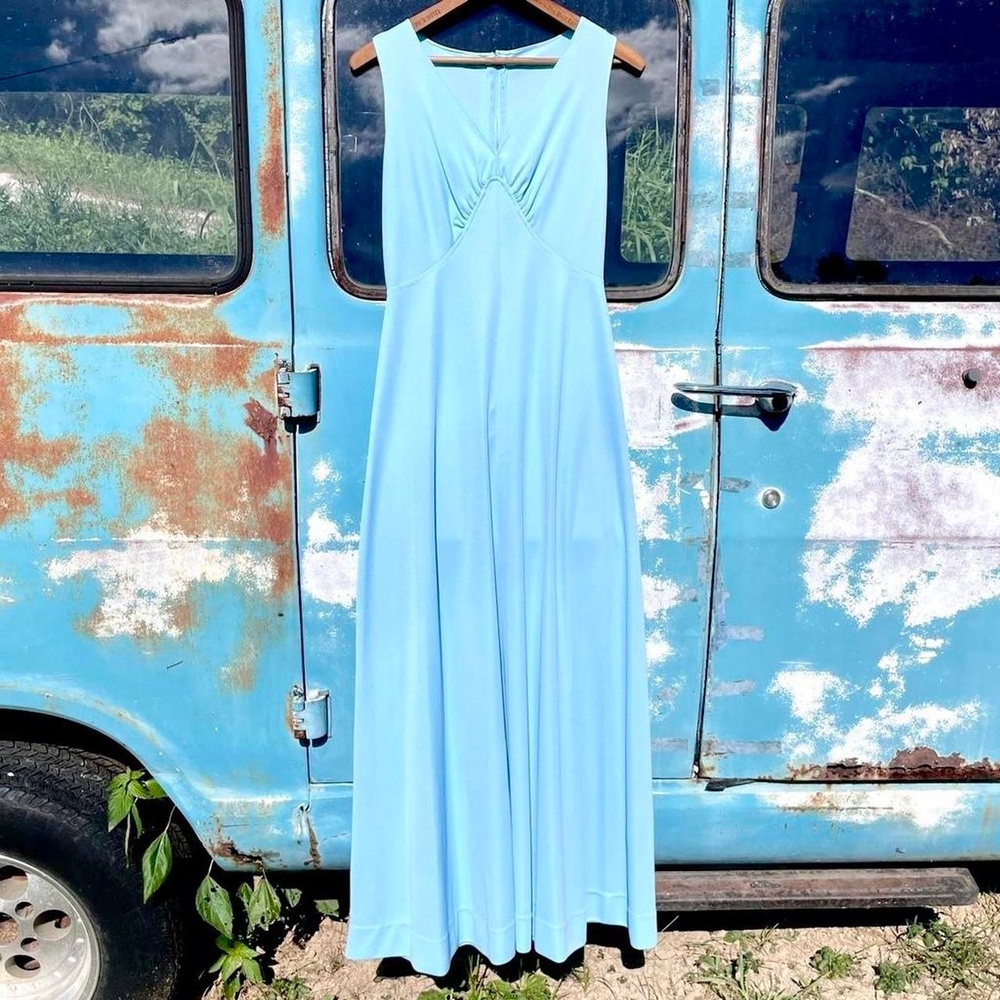 1960s blue sleeveless hostess disco dress w/ gathered chest, floor length skirt